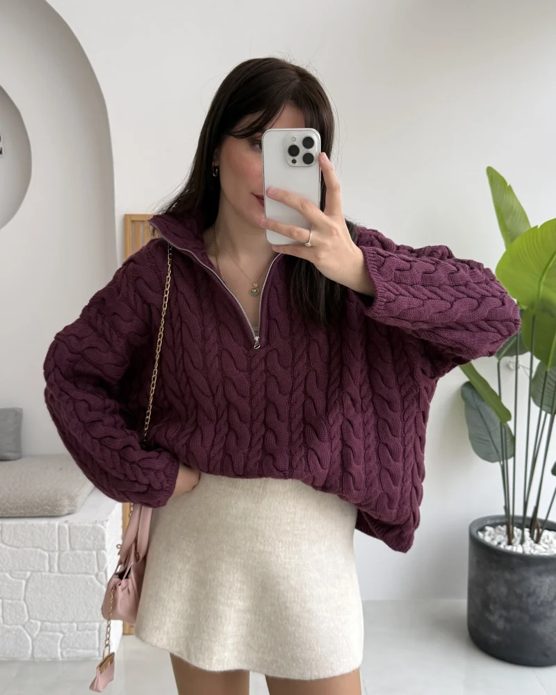 Örgülü Dik Yaka Fermuarlı Kazak - Cherry - Kod: 231078