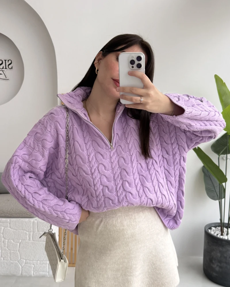 Örgülü Dik Yaka Fermuarlı Kazak - Lila - Kod: 231078