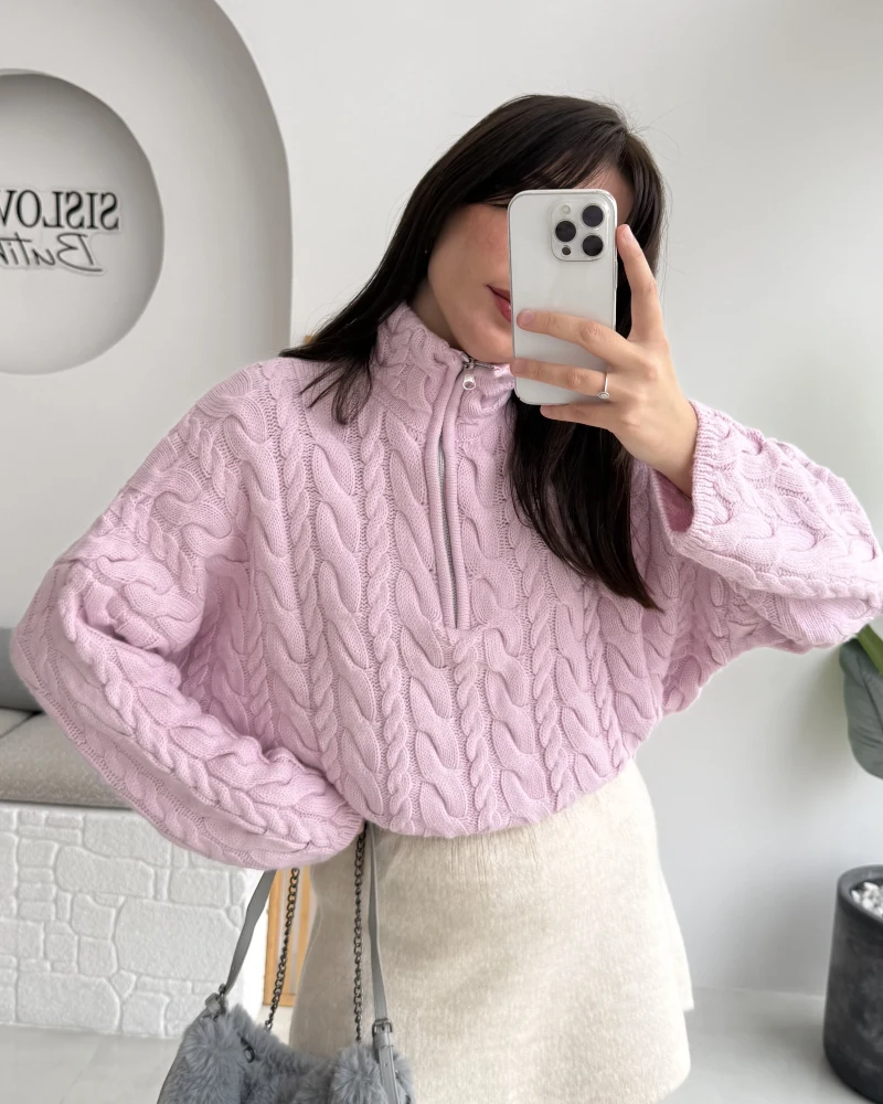 Örgülü Dik Yaka Fermuarlı Kazak - Pudra - Kod: 231078