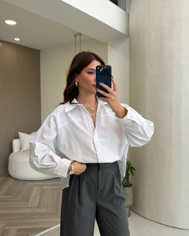 Oval Kesim Oversize Gömlek - Beyaz - Kod: 3313