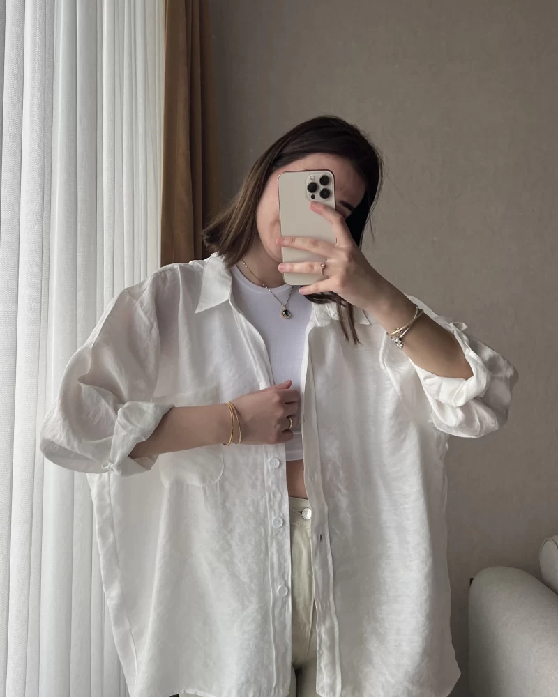 Oversize Beyaz Tensel Gömlek