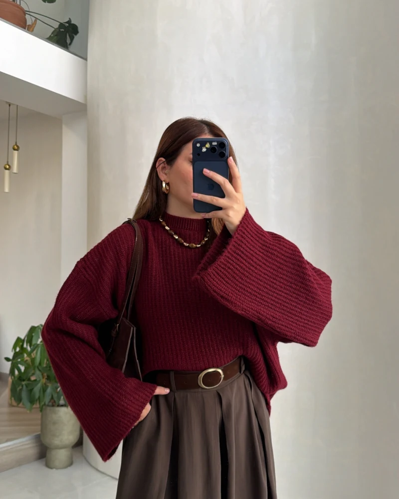 Oversize Bol Kol Triko Kazak - Bordo