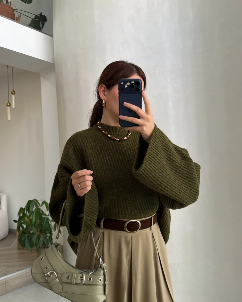 Oversize Bol Kol Triko Kazak - Haki