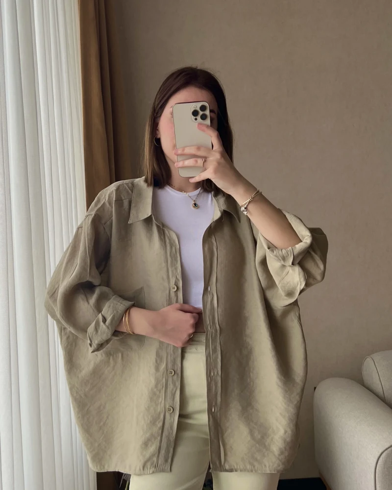 DÜZ Oversize Haki Yeşil Tonları Tensel Gömlek