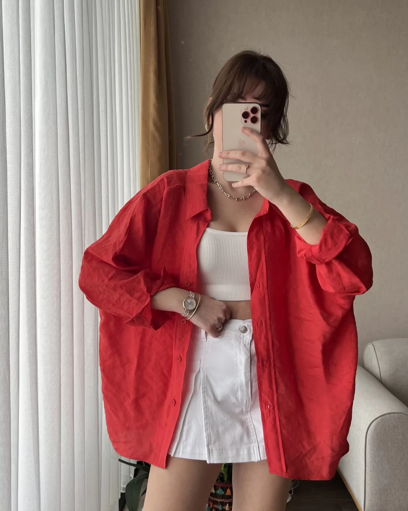 Oversize Kırmızı Tensel Gömlek
