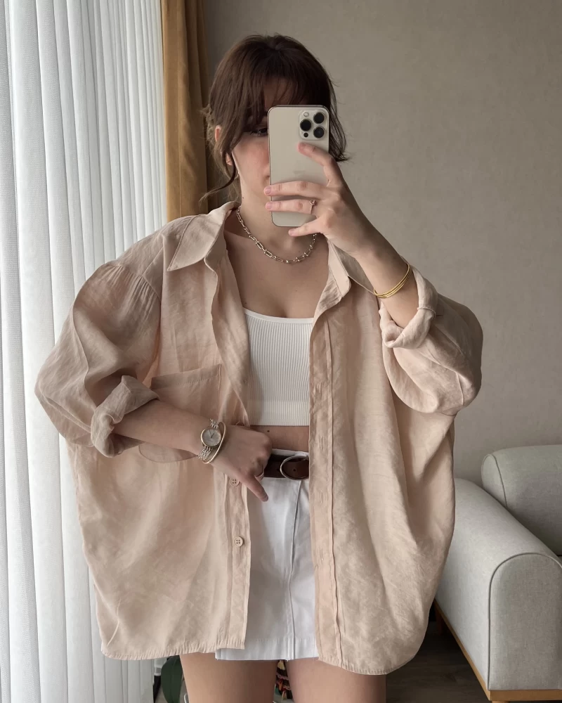 Oversize Krem Tensel Gömlek