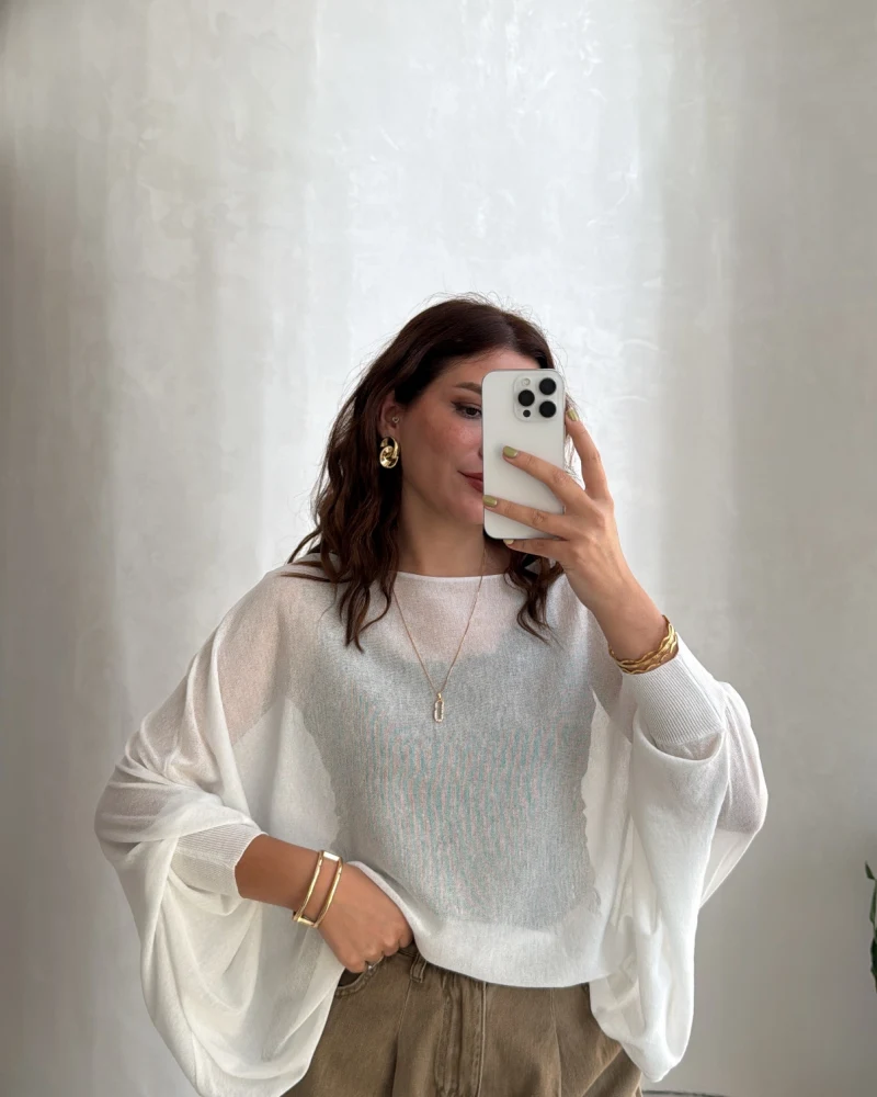 Oversize Transparan Pelerin Bluz - Beyaz - Kod: 2833