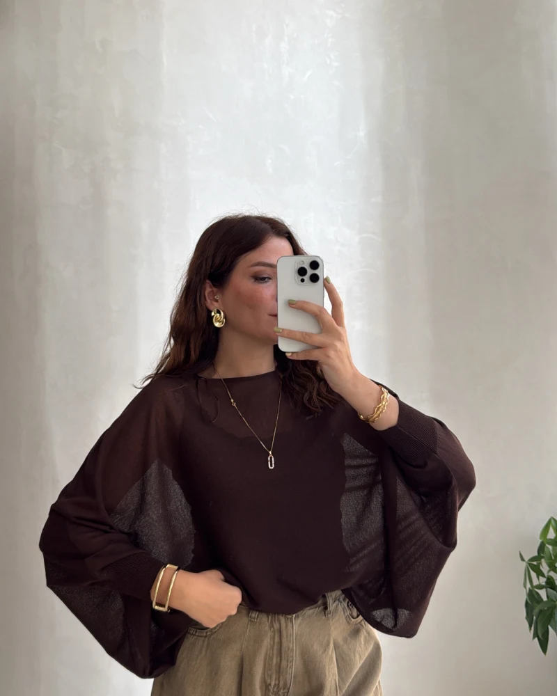 Oversize Transparan Pelerin Bluz - Kahve - Kod: 2833