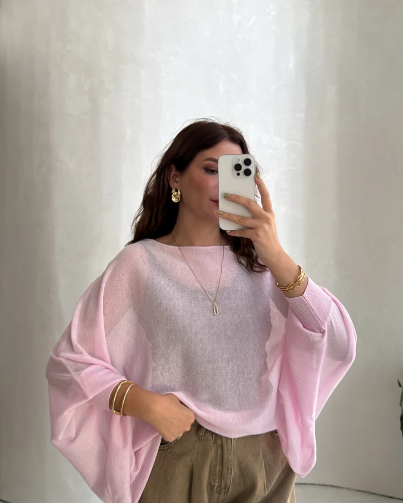 Oversize Transparan Pelerin Bluz - Pembe - Kod: 2833