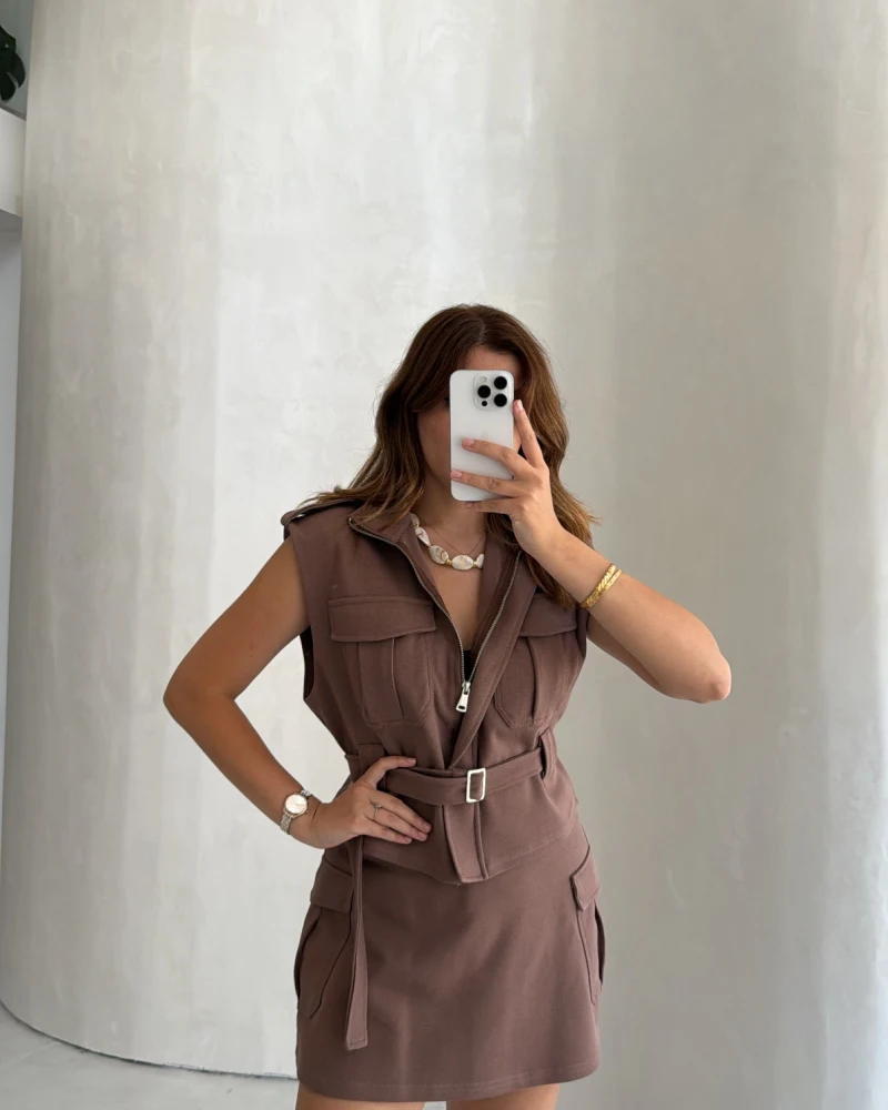 Oys Model Kemerli Yelek Takım - Kahve - Kod: 1042