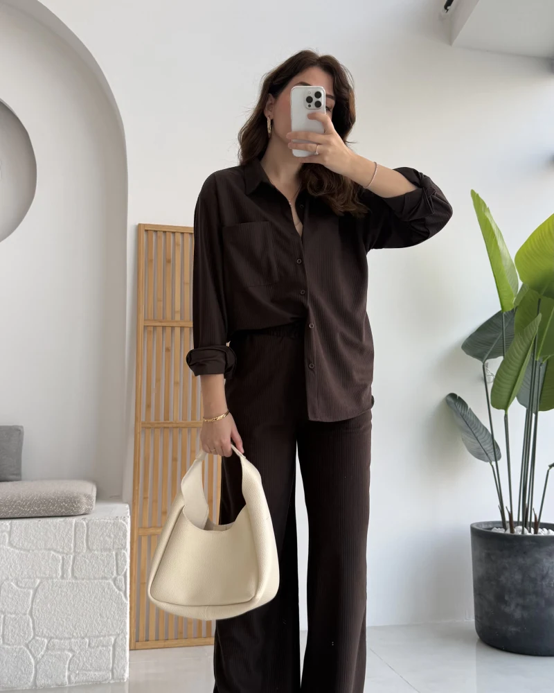 Paloma Fitilli Gömlek Pantolon Takım - Kahverengi - KOD:6033