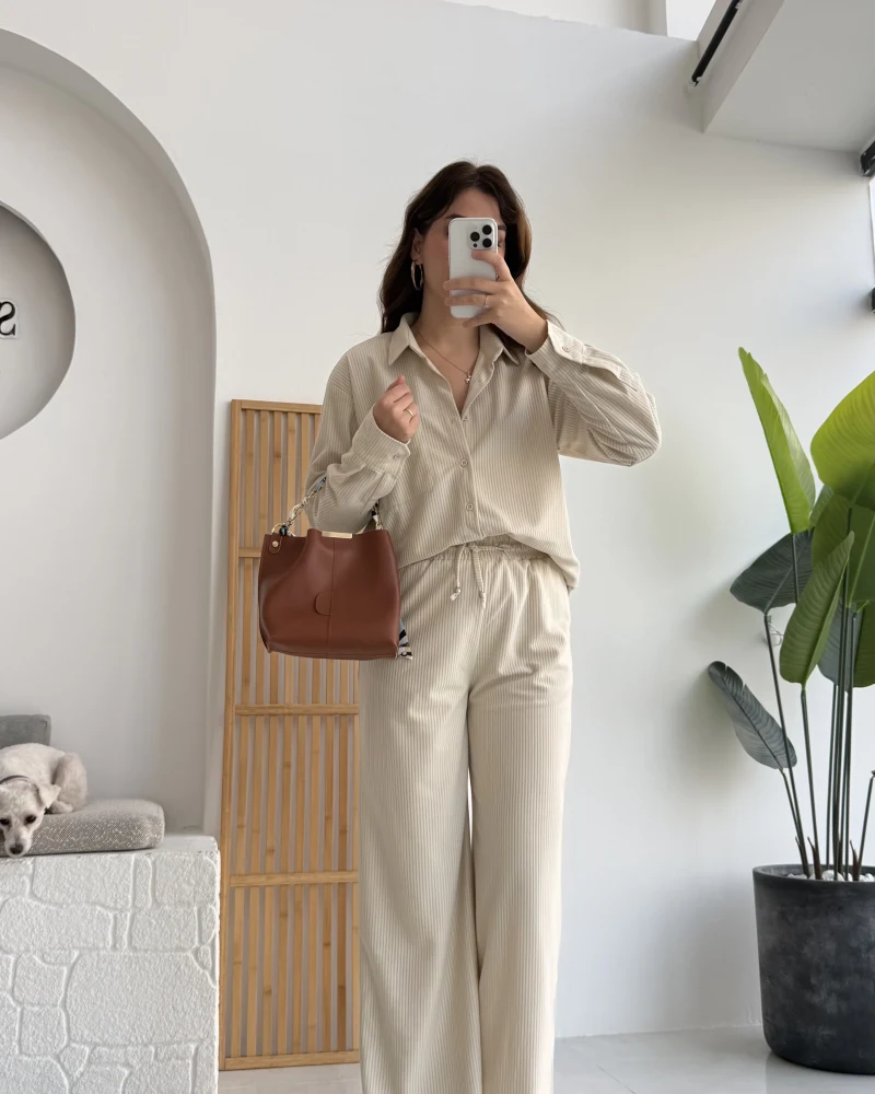 Paloma Fitilli Gömlek Pantolon Takım - Krem - KOD:6033