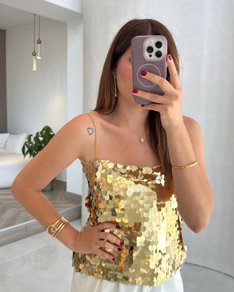 Payetli İp Askılı Bluz - Gold - Kod: 071950