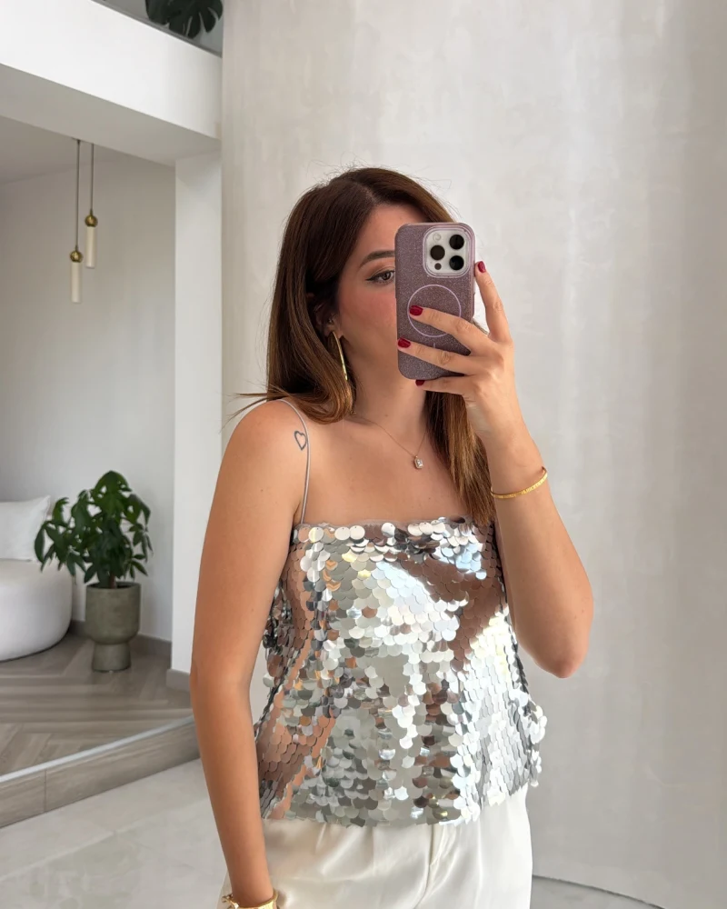 Payetli İp Askılı Bluz - Gümüş - Kod: 071950