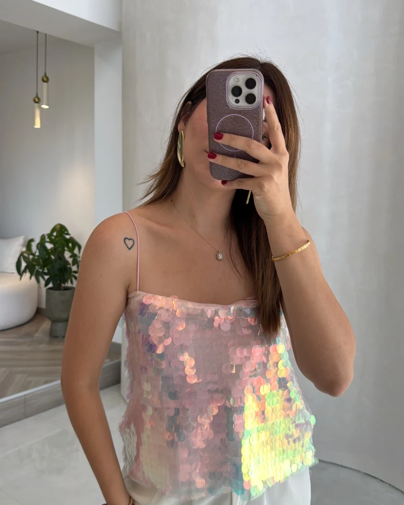 Payetli İp Askılı Bluz - Pembe - Kod: 071950