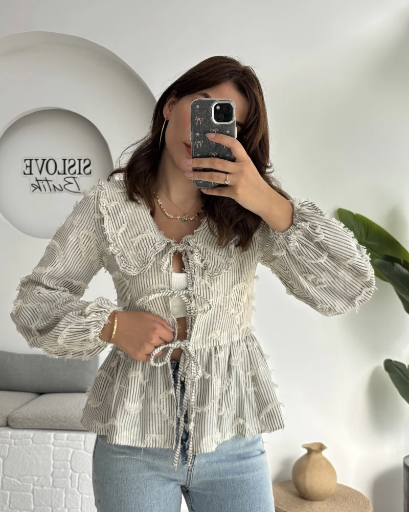 Pear Bebe Yaka Çizgili Bluz - Gri - 1035