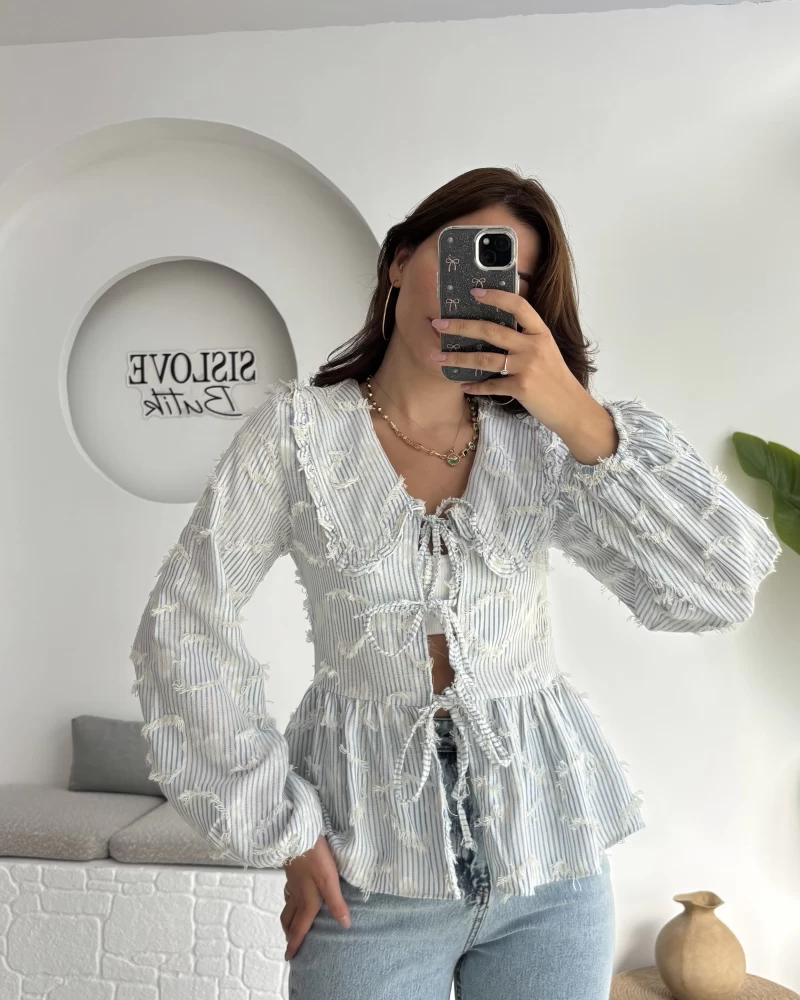 Pear Bebe Yaka Çizgili Bluz - Mavi - 1035