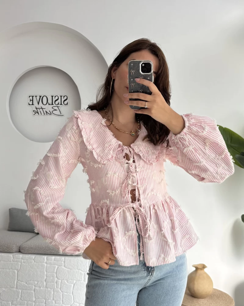 Pear Bebe Yaka Çizgili Bluz - Pembe - 1035