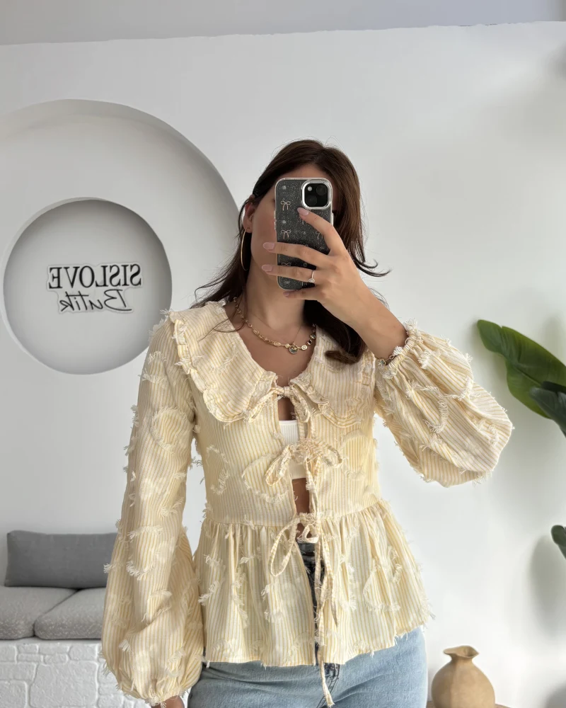 Pear Bebe Yaka Çizgili Bluz - Sarı - 1035