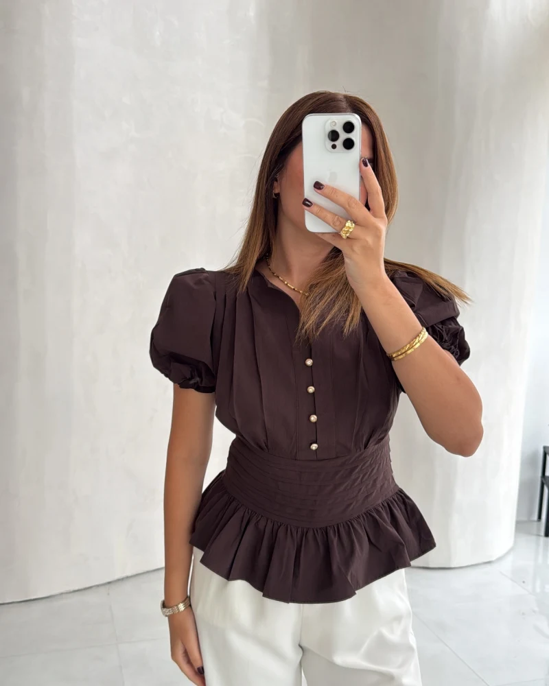 Penny Balon Kol Pileli Bluz - Kahve - Kod: 1107
