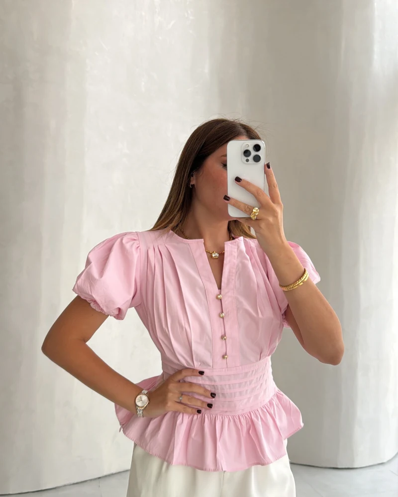 Penny Balon Kol Pileli Bluz - Pembe - Kod: 1107
