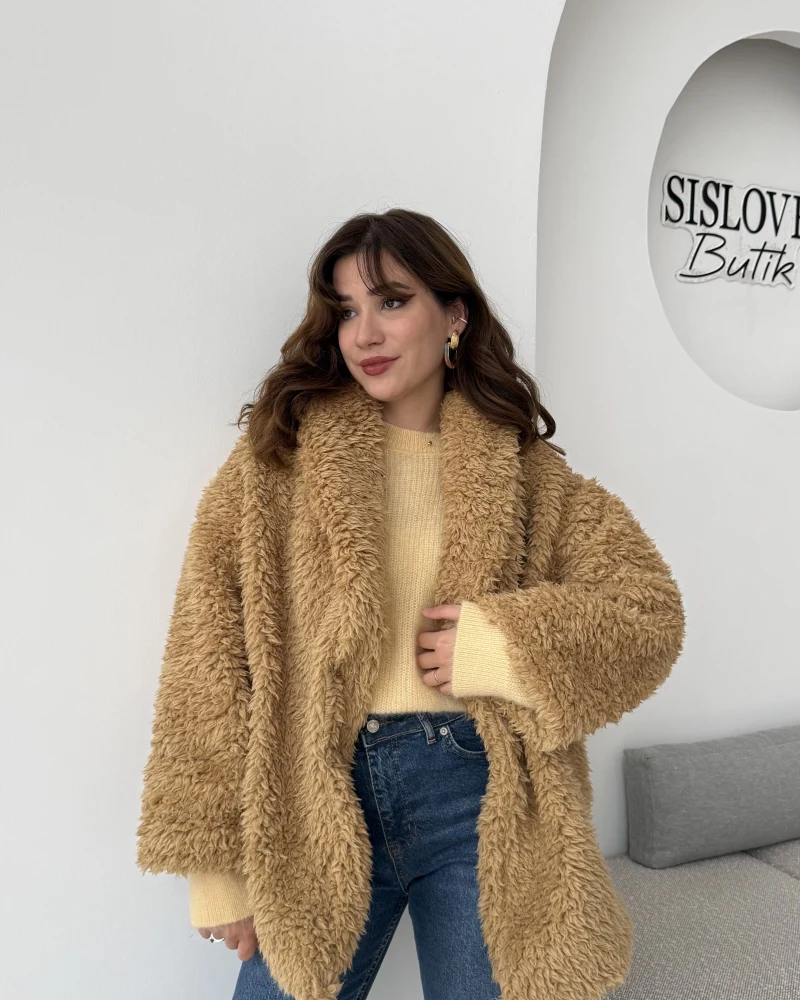 Pera Oversize Peluş Ceket - Camel