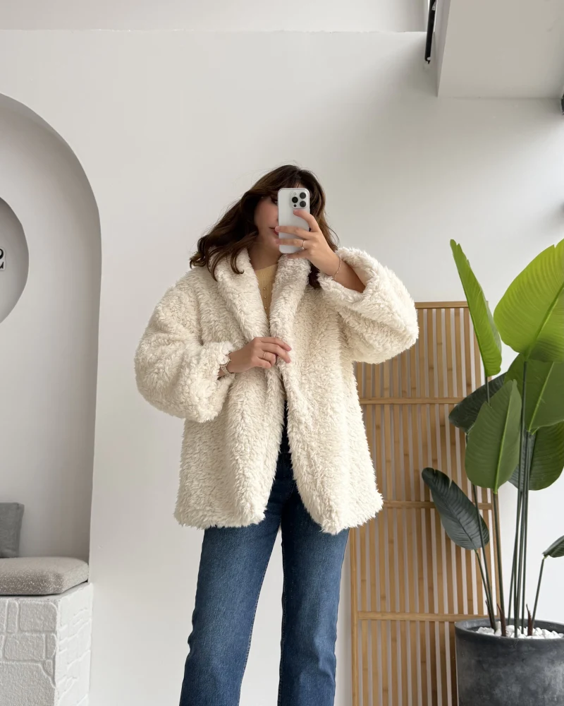 Pera Oversize Peluş Ceket - Kırık Beyaz