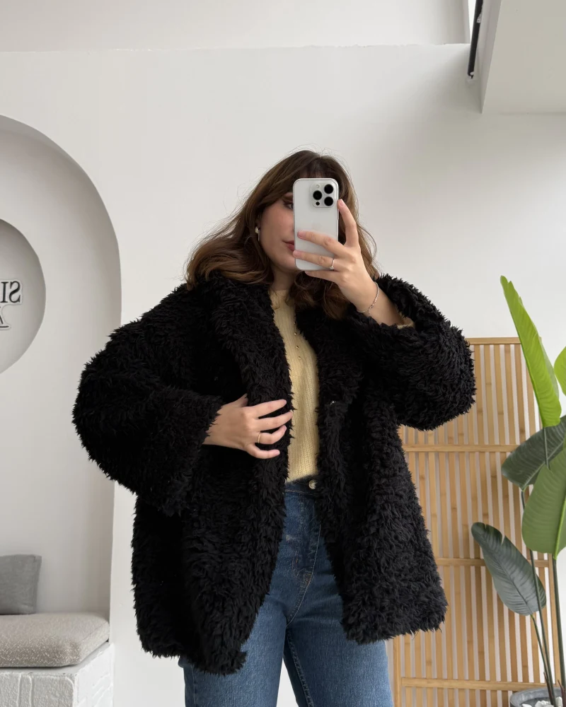 Pera Oversize Peluş Ceket - Siyah