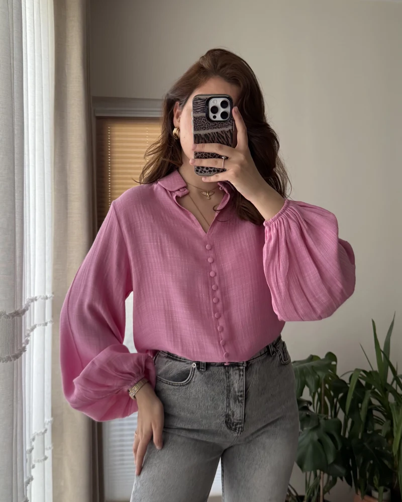 Peri Serisi Balon Kol Pembe Bluz