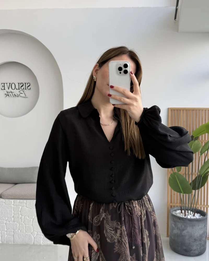 Peri Serisi Balon Kol Siyah Bluz