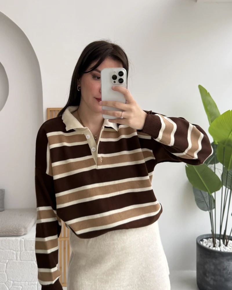 Petit Çizgili Kazak - Acı Kahve - Kod: 34101