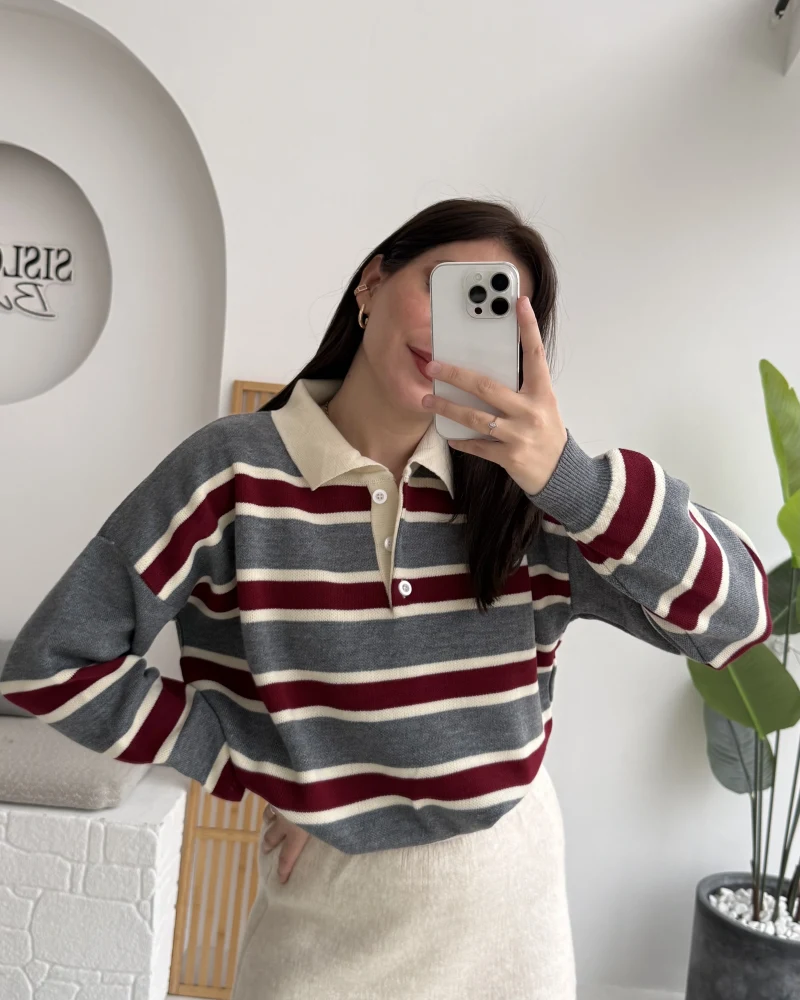 Petit Çizgili Kazak - Gri - Kod: 34101