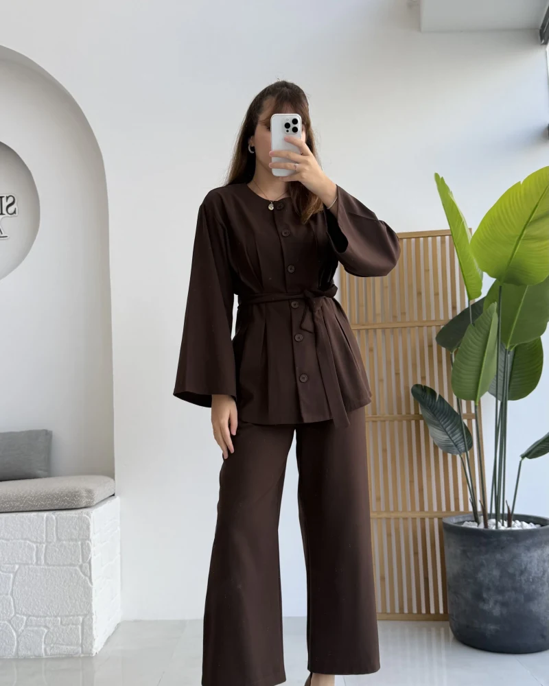 Pile Detaylı Tunik Pantolon Takım Kuşaklı Acı Kahve Kod:8795