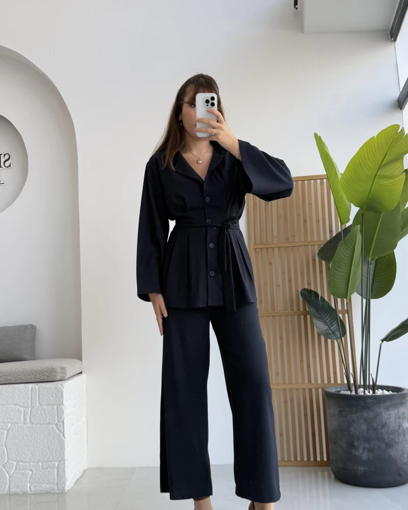 Pile Detaylı Tunik Pantolon Takım Kuşaklı Lacivert Kod:8795