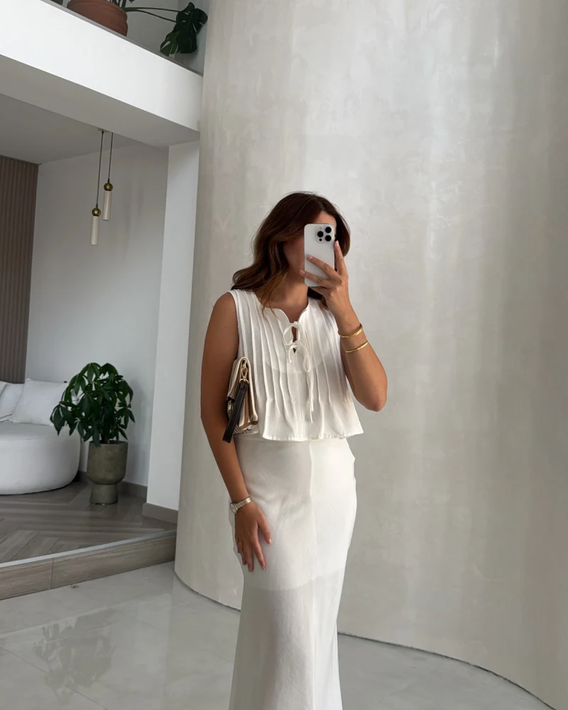 Pileli Bluz Etek Takım - Beyaz - Kod: 8490 8021