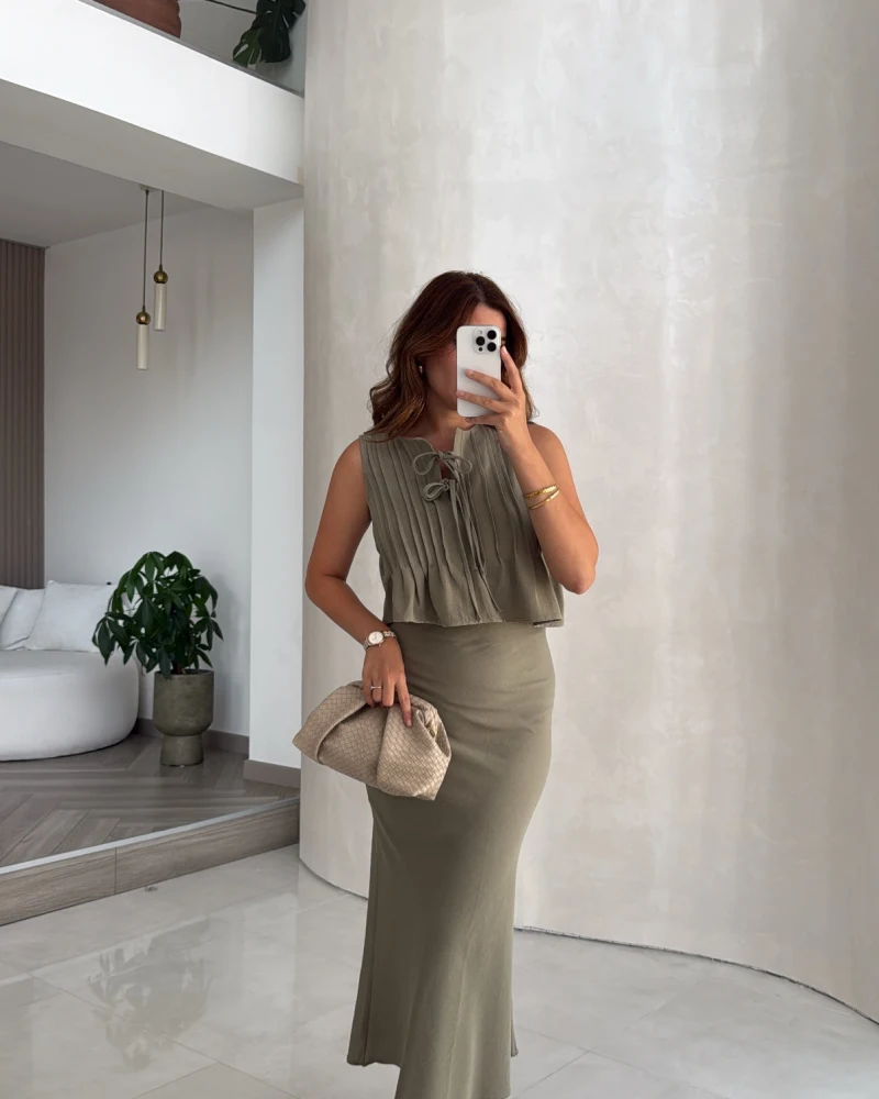 Pileli Bluz Etek Takım - Haki - Kod: 8490 8021