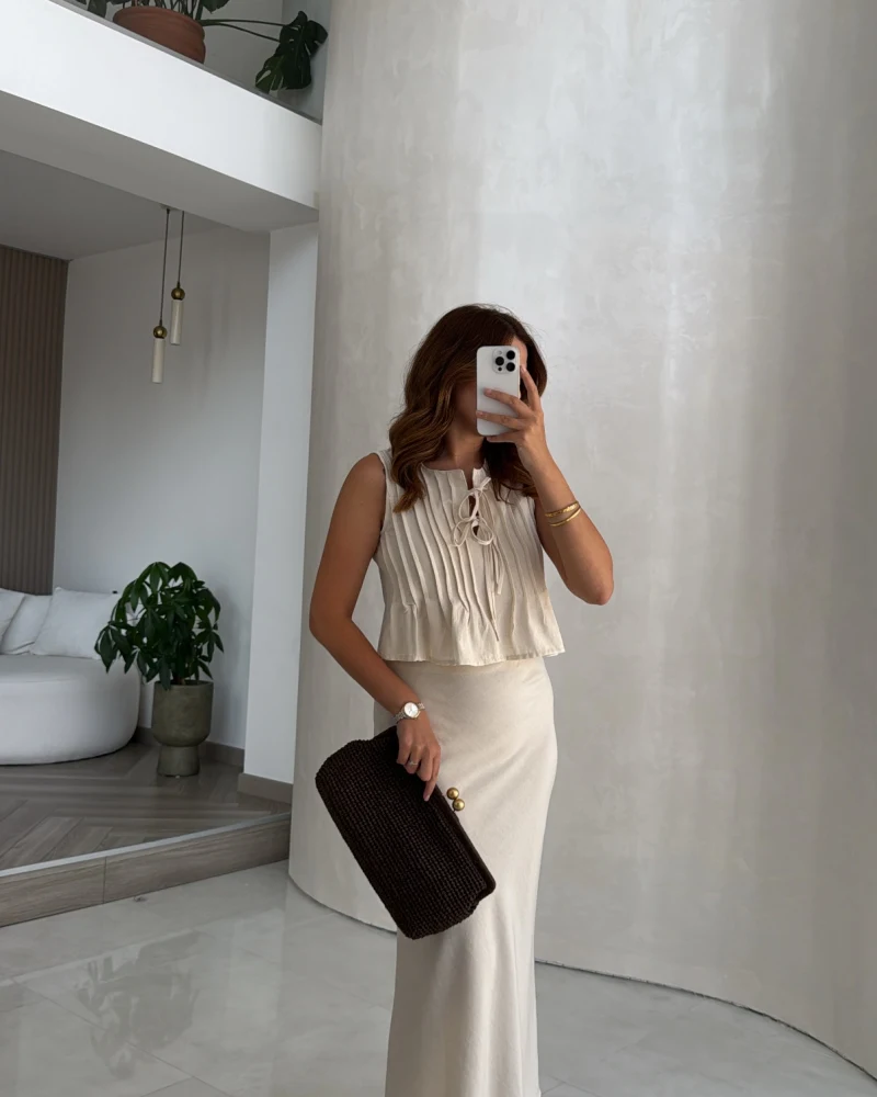 Pileli Bluz Etek Takım - Natural - Kod: 8490 8021