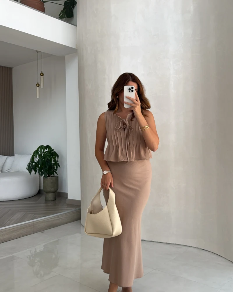Pileli Bluz Etek Takım - Vizon - Kod: 8490 8021