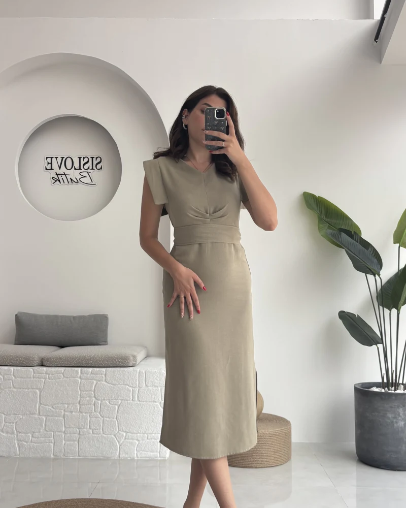Pimenta Kuşaklı Midi Elbise - Haki - 2294