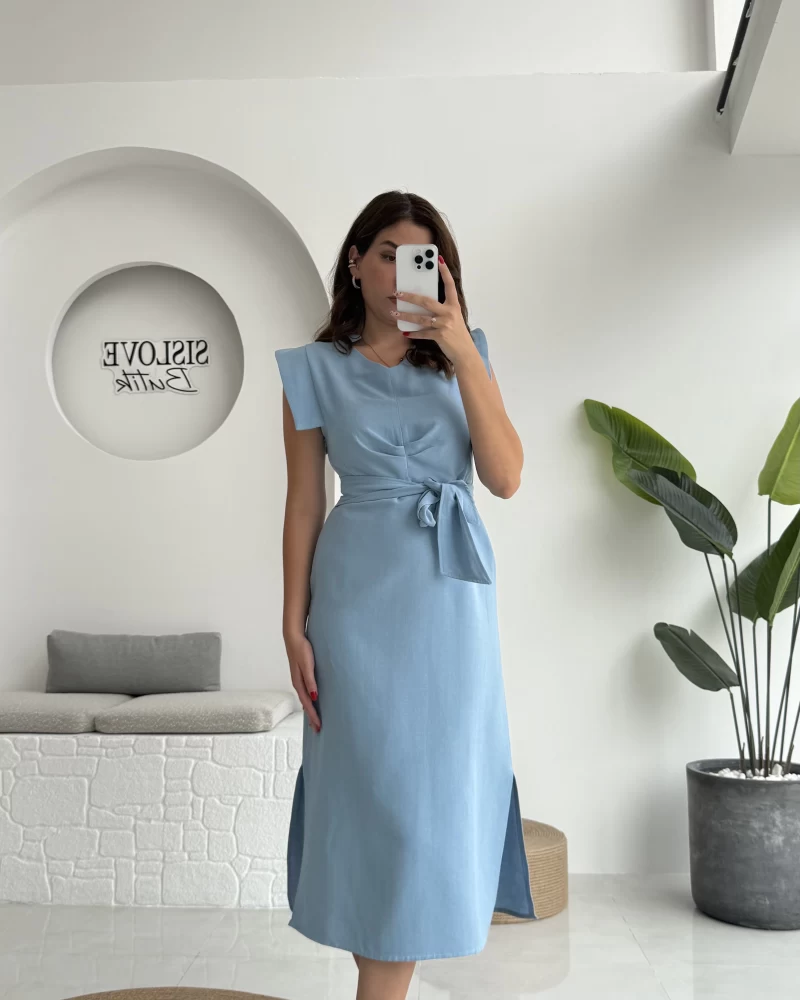 Pimenta Kuşaklı Midi Elbise - Mavi - 2294