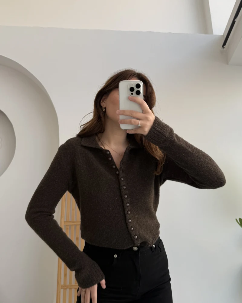 Polo Yaka Düğmeli Hırka - Acı Kahve