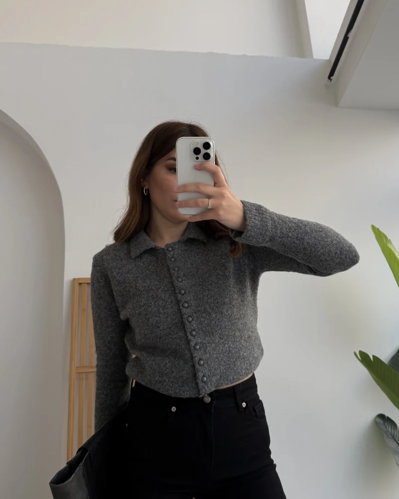 Polo Yaka Düğmeli Hırka - Antrasit