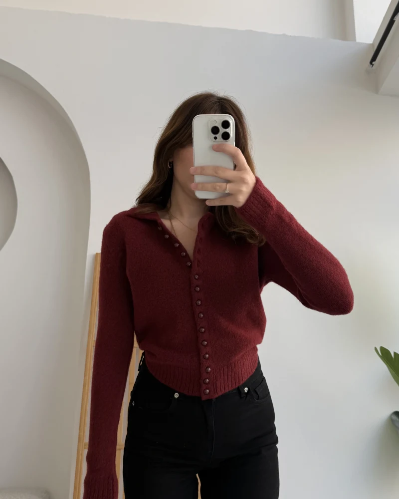 Polo Yaka Düğmeli Hırka - Bordo