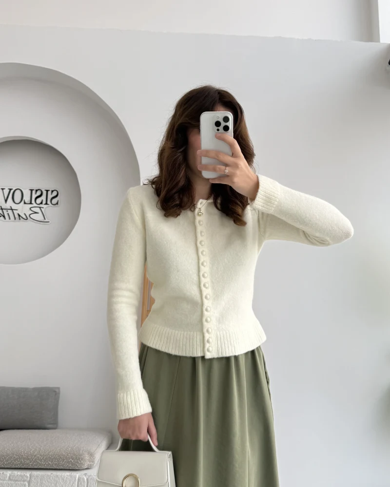 Polo Yaka Düğmeli Hırka - Ekru