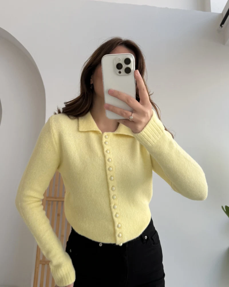 Polo Yaka Düğmeli Hırka - Sarı