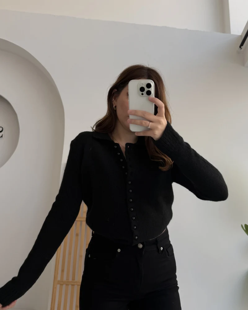 Polo Yaka Düğmeli Hırka - Siyah