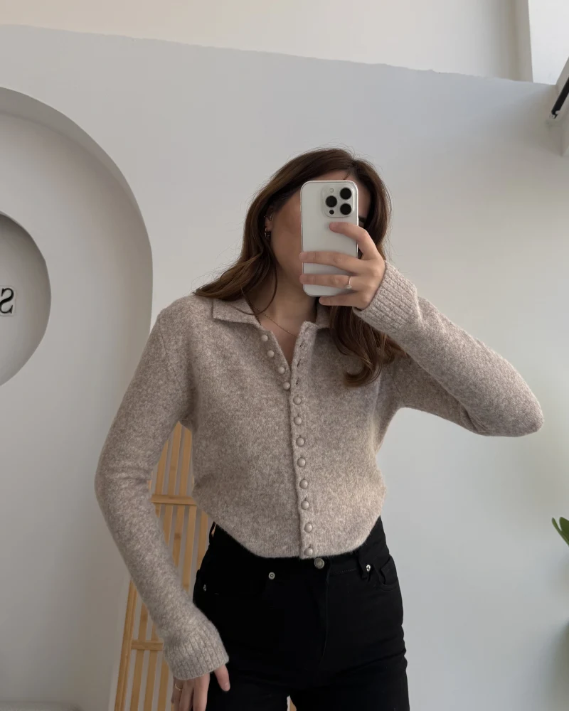 Polo Yaka Düğmeli Hırka - Taş