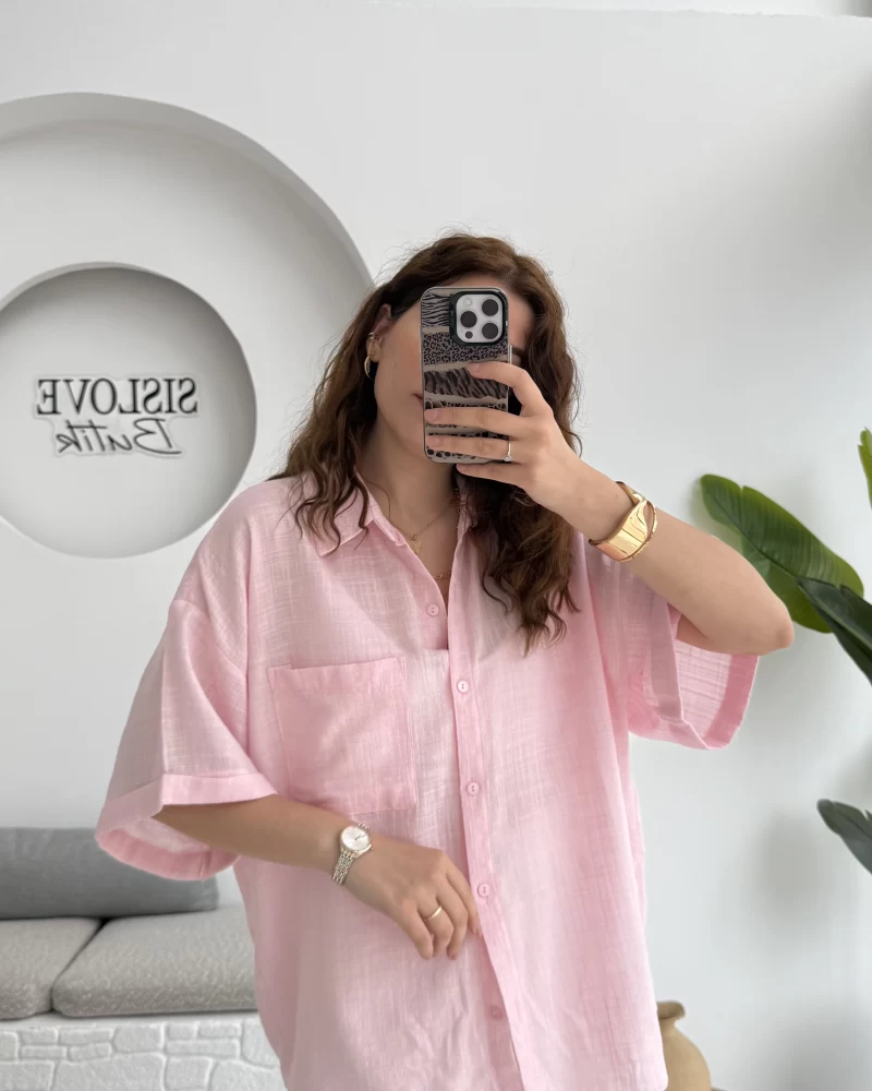Pome Keten Karışımlı Tek Cepli Gömlek Pembe - 2114
