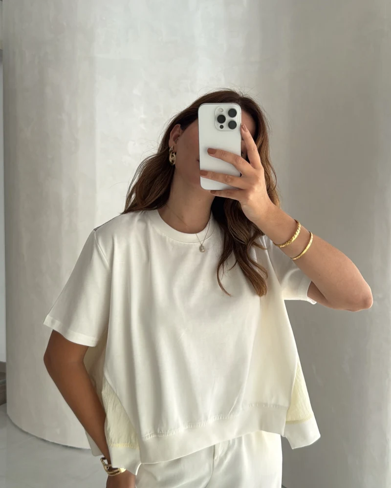 Poplin Detay Büzgülü T-shirt - Ekru - Kod: 1044
