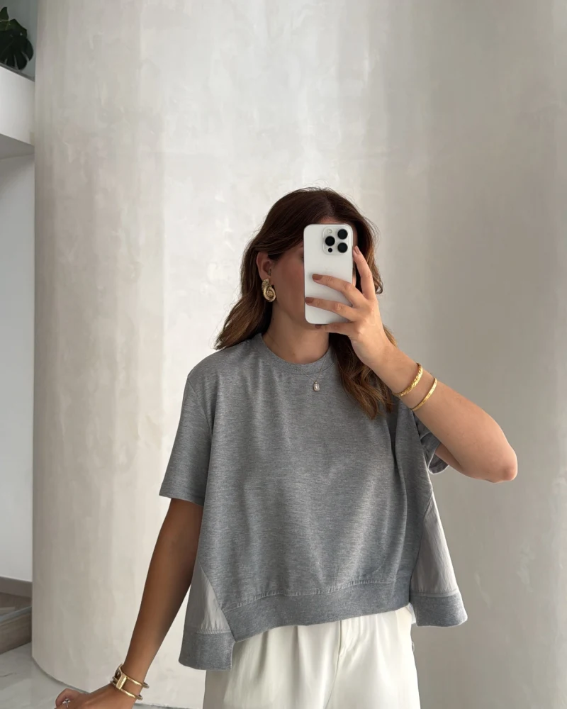 Poplin Detay Büzgülü T-shirt - Gri - Kod: 1044